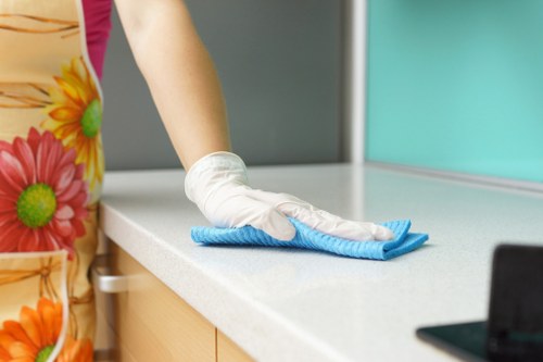 Commercial cleaning team servicing a Barnes office reception area