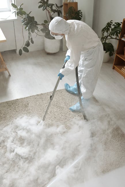 A person using a red handheld vacuum cleaner on a beige textured area rug in a living room, with visible wooden furniture on the left and a patterned wooden floor beneath. The vacuum is positioned nea